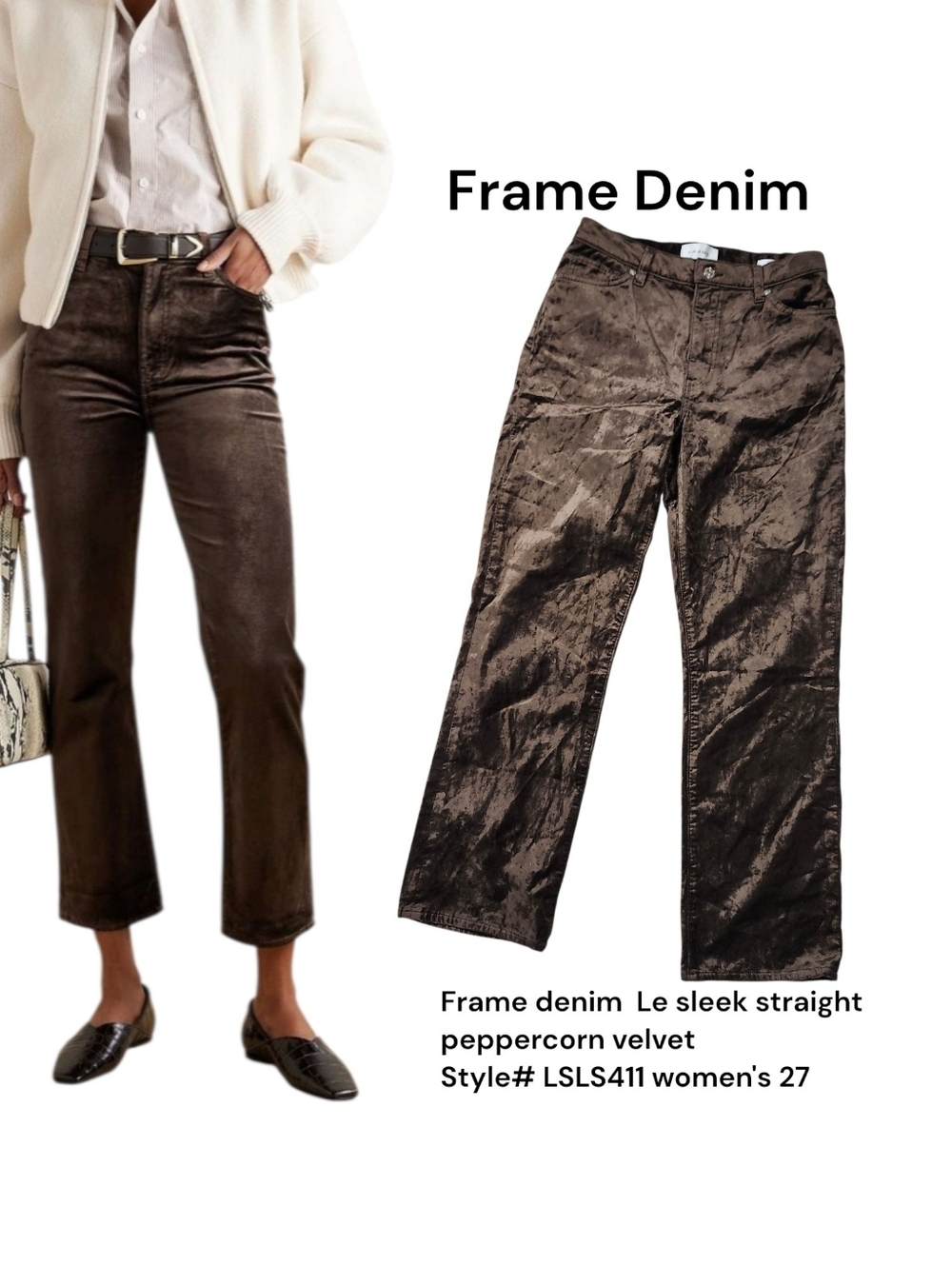 Frame denim Le sleek straight peppercorn velvet # LSLS411 Women's 27 Brown Jeans